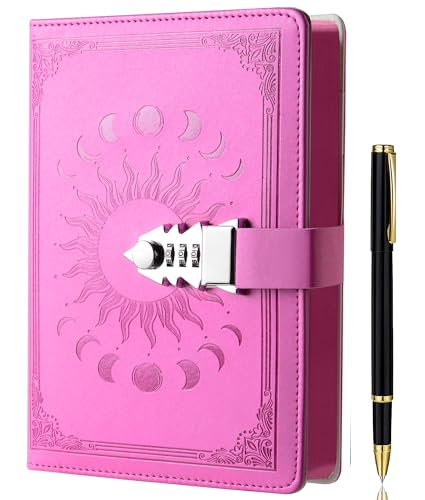 ZXHQ Journal with Lock for Girls Women,A5 224 Pages Lock Diary, Colorful Edge, Refillable, Leather Hardcover 8.5" × 5.9" - Pink - color: Pink