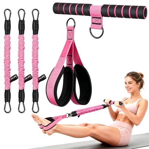 Pedal Resistance Band with Handles, 30-90LB Adjustable Thai Natural Rubber Resistance Bands, 3 Removable Covered Tubes, Full Body Workout Equipment for Abs Arms Legs Waist - color: Pink