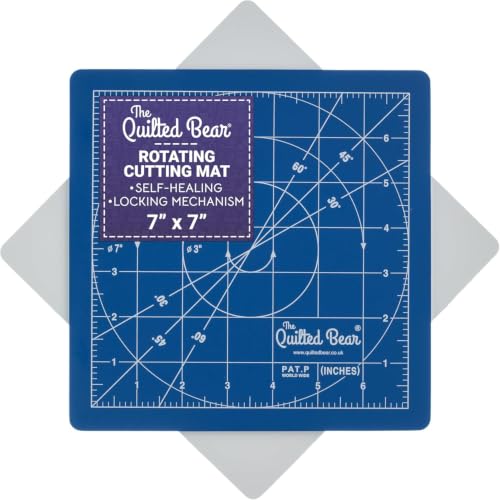 The Quilted Bear 7" x 7" Rotating Self-Healing Cutting Mat, Blue | Square Mat, 360° Rotation, Locking Mechanism, 5-Layer Surface, Non-Slip Base, Clear Inch Grid & Angle Guides for Quilting - color: Blue, size: 7"L x 7"W
