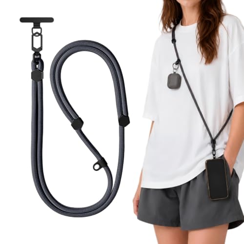Adjustable Crossbody Phone Lanyard, Braided Cord with Tether Tab | Braided cord, Tether tab, Secure clasp, Accessory clip for hands-free crossbody use - color: Gray