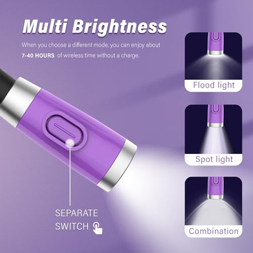 Vekkia Rechargeable LED Neck Book Light for Reading in Bed | 3 Brightness Levels/Flexible Soft Silicone Arms Comfortable Wear/Long Lasting,Great for Readers, Craft & Knitting - color: Purple