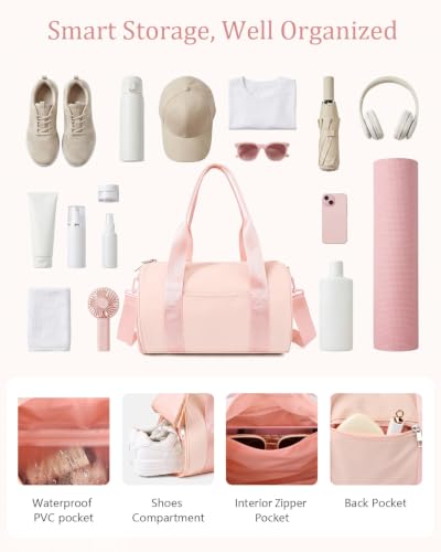 Small Gym Bag for Women, 11L Mini Duffle Bag with Shoe Compartment, Wet Pocket & Yoga Mat Holder, Lightweight Carry On Sport Bag for Gym, Yoga, Dance & Overnight Trips - Pink - color: Pink