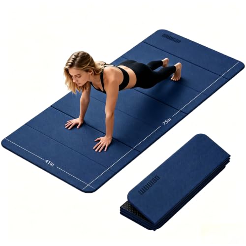 Foldable TPE Yoga Mat Thick 10mm,75" x40"Extra Large Exercise Mats | Stretch Mat Non-slip Fitness Folding Mat Easy to Carry,Wide Gym Mats for Women Men Suitable for Home Workout Travel Pilates - color: Dark Blue