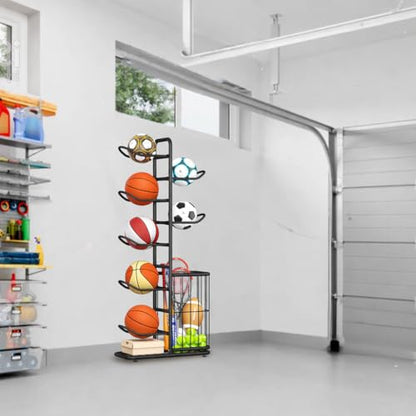 7-Ball Sports Equipment Storage Rack with Ball Holder and Basketball Rack, Athletic Gear Organizer ball Stand - Organize Toys, Sports Gear and More, 57.5" (Black) - size: 7-Balls with Basket
