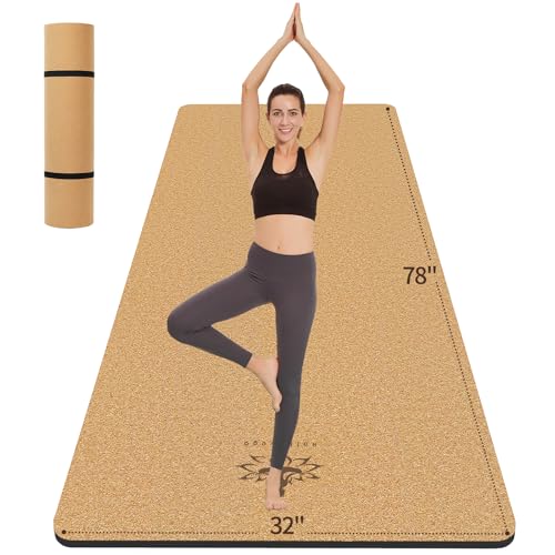Hatha Yoga Extra Large Natural Cork Yoga Mat - 78" x 32" or 72" x 48", 1/2" Extra Thick Non-slip TPE Exercise Mat, Anti-tear Pilates Mat for Home, Gym, Hot Yoga, Stretching, Fitness & Workouts - size: Extra Long (78"x32"x1/2")