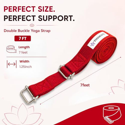 Yogikuti Double Buckle Yoga Strap - Adjustable Stretching Strap for Enhanced Flexibility in Yoga, Pilates, and Physical Therapy, Available in Various Colors and Lengths for All Fitness Levels - color: Red