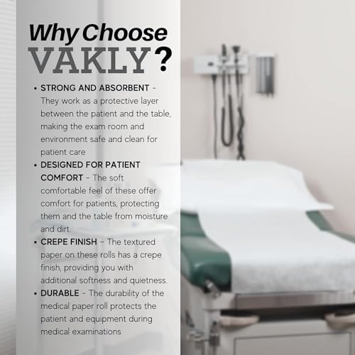 Vakly Exam Table Paper Roll 14 in x 225 ft Smooth, Disposable, 2 Rolls | Medical barrier paper, tear resistant, absorbent, latex free, fits exam, massage and therapy tables