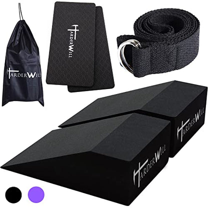 Yoga Foam Wedge Blocks (Pair), Calf Raise Block, Calf Stretcher, Yoga Wrist Support, Balance, Pushup, Fitness, Pilates, Heel Stretcher, Squat Wedge with Gym Bag - color: black, size: Wedges with Strap and Pads