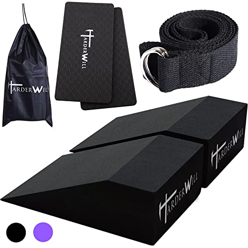 Yoga Foam Wedge Blocks (Pair), Calf Raise Block, Calf Stretcher, Yoga Wrist Support, Balance, Pushup, Fitness, Pilates, Heel Stretcher, Squat Wedge with Gym Bag - color: black, size: Wedges with Strap and Pads