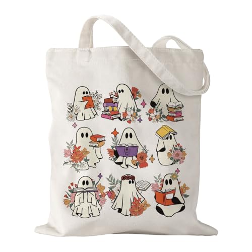 Canvas Bag for Women Grocery Shopping Travel Gym Weekender Vacation Womens Work Tote Bag Gifts - color: Flowers Ghost Book