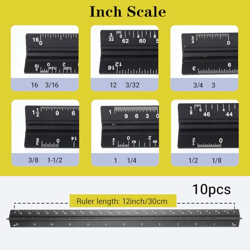 10 Pcs Architectural Scale Ruler 12" Imperial Architect Engineers Scale Triangular Ruler Aluminum Alloy Metal Triangle Drafting Rulers Measuring Tools for Architect Engineer Draftsman Artists (Black)