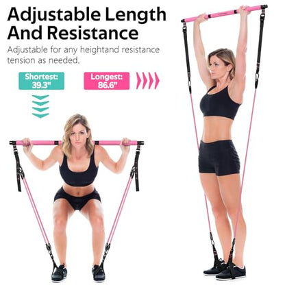 Pilates Bar Kit with 6 Latex Resistance Bands, Adjustable Exercise Bar - color: Pink