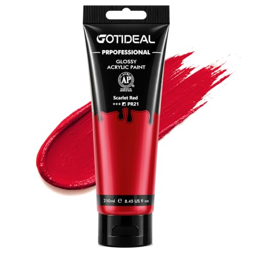 GOTEIDAL Red Acrylic Paint, Scarlet Red Paint (250ml / 8.45oz) Tubes | Art Craft Paints, Rich Pigments Non Toxic for Canvas Painting, Rock, Stone, Wood, Art Supplies - color: Scarlet Red