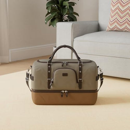 Nerlion Green Large Weekender Overnight Duffel Bag with Shoe Compartment and Leather Accents - color: Green