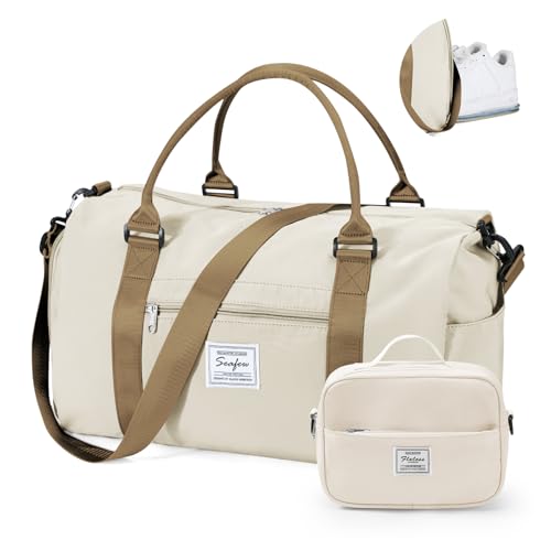 Gym Bag Womens with Shoes Compartment Travel Duffel Bag Beige Brown - color: B19-Beige Brown+Toiletry Bag