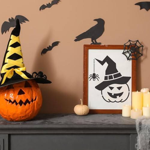 80 Pcs 3 x 3 Inch Halloween Stencils for Painting on Wood, Reusable Happy Pumpkin Spider Web Stencil DIY Ornaments Ghost Paint Template Set for Wall Door Home Decor - style: Halloween