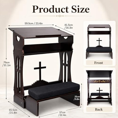 Foldable Prayer Kneeler,Wooden Prayer Bench with Storage Shelf, Cushion Pad,Portable Kneeling Devotional Pew Bench,31" H x 22" W,Ideal for Church and Chapel,Black
