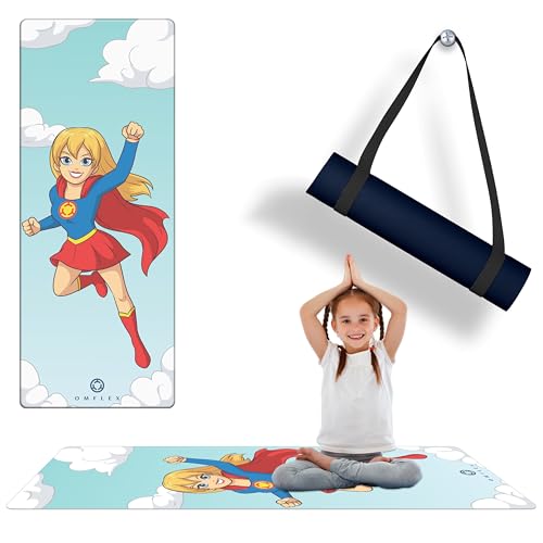 Kids Yoga Mat with Carrying Strap – 60"x24" Non-Slip Premium Exercise Mat for Kids, 3mm Thick Non-Toxic, PVC-Free Play Mat for Children, Dolphin, Car & Supergirl Designs - color: Supergirl