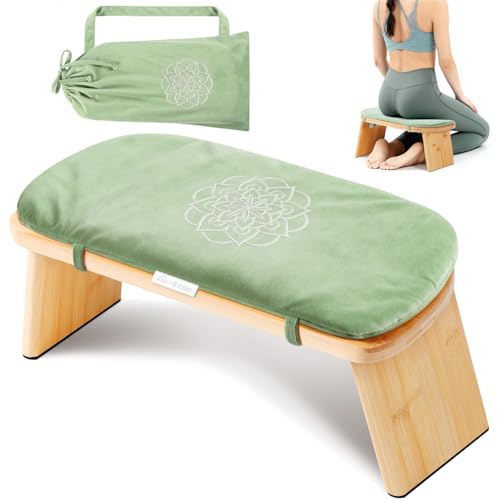 Hihealer Folding Bamboo Meditation Bench with Cushion & Carry Bag – Ergonomic Yoga and Prayer Stool for Comfort and Posture Support (Green) - color: Green