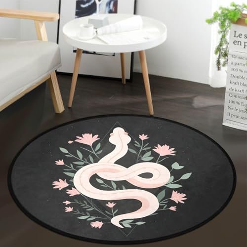 keepcute 3ft Round Snake Area Rug, Non-Slip Floral Black Carpet | Soft snake area rug, heat-transfer print, sage green rug accents, bohemian room decor, easy vacuuming - color: Snake and Flower, size: 3' (Round)