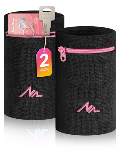 NEWZILL Wrist Wallet Wristband with Zipper - Cotton Sweatbands for Men & Women, Ideal for Running, Walking, Basketball, Football, Tennis, Hiking - color: Black/Pink, style: Small-2PCS