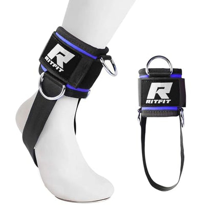 RitFit Kickback 발목 스트랩 패딩 발목 스트랩, 케이블 기계용, 강력한 후크 및 루프, 강화된 3 D링, 조절 가능한 편안한 핏 네오프렌 - 복근, 둔근 및 다리 운동을 향상시키는 프리미엄 발목 커프스 - color: 블루.