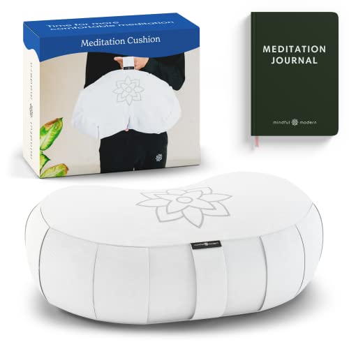 Mindful & Modern Large Meditation Cushion | Zafu Yoga Bolster Meditation Floor Pillow Seat | Buckwheat Hull Filled Crescent Shaped Cushion with Removable Washable Cover + Carry Handle | White - color: Crescent - White