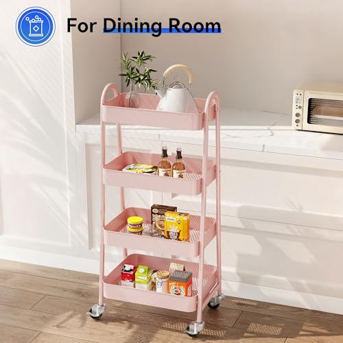OLIXIS Metal 4 Tiers Rolling Storage Utility Cart with Lockable Wheels - color: Pink, size: 4-Tiered 18 inches