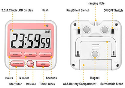 4-in-1 Digital Timer with Count Up/Down, Clock & Alarm, Ring & Silent Modes - color: Pink