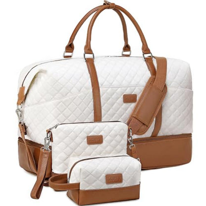 Weekender Bag, Large Travel Duffel Bag for Women, Carry on Overnight Bag with Shoe Compartment and Toiletry Bags - color: White