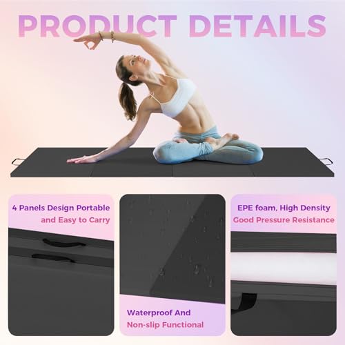 Superior Thick Folding Gymnastics Mat - 6.2x2.6ft, 2-Inch Foam, 5-Panel High-Density Exercise Tumbling Pad with Leather Surface, Carry Handles, Home Gym, Yoga, Pilates, Aerobics, Martial Arts - color: Black, size: 6 x 2 ft Four-Fold