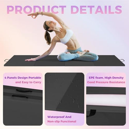 Superior Thick Folding Gymnastics Mat - 6.2x2.6ft, 2-Inch Foam, 5-Panel High-Density Exercise Tumbling Pad with Leather Surface, Carry Handles, Home Gym, Yoga, Pilates, Aerobics, Martial Arts - color: Black, size: 6 x 2 ft Four-Fold