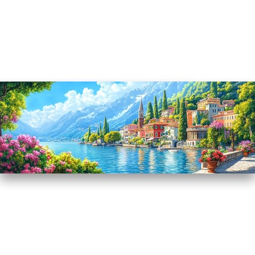 Bimkole Large Diamond Art Kits for Adults Landscape, Full Drill 5D DIY Rhinestone Embroidery Set Paint with Diamonds Art House by Number Kits Cross Stitch Home Wall Craft Decoration 31.5x11.81 Inch - color: small town