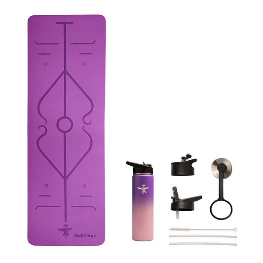 BodyForge Yoga Mat Thick Exercise Mat Thick 8mm TPE Eco-Friendly with Alignment Marks Non-Slip Extra Thick High-Density for Women Men Workout Pilates & Sports Water Bottle Bundles - color: Purple/Pink, size: 22oz Bottle