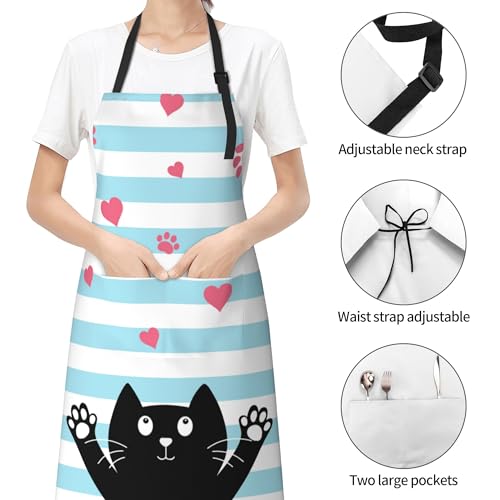 Art Apron with Pocket for Women Men | Kitchen Aprons Chef Apron for Cooking Baking BBQ Painting Gardening - color: Black Cat With Love Heart