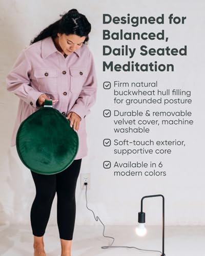 Mindful Modern Velvet Meditation Cushion | Luxe Zafu Yoga Floor Pillow Seat | Posture Support | Buckwheat Hull Filled | Large Round Cushion with Removable Washable Cover + Carry Handle - color: Emerald