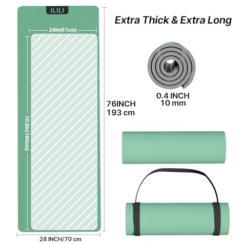 ILILI Suede TPE Yoga Mat, 10mm Thick, 76" x 28" Extra Long with Strap - color: Green