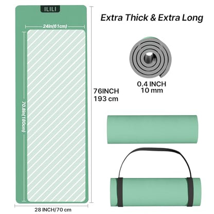 ILILI Suede TPE Yoga Mat, 10mm Thick, 76" x 28" Extra Long with Strap - color: Green
