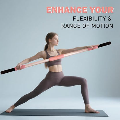 Pink Yoga Stick 58 Inch - Alloy Steel Stretching & Exercise Stick with Neck & Hand Pads, Shoulder Flexibility Tool for Yoga, Pilates & Home Gym Workouts