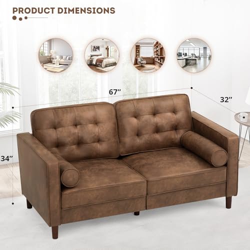 67" Suede Leather 2-seat Sofa with Two Bolster Pillows, Brown - color: Brown, size: 67" Loveseat