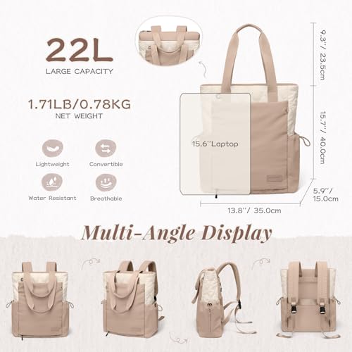 GOLF SUPAGS 3-in-1 Laptop Tote Backpack for Women 15.6" Quilted Work Gym Bag with Hidden Yoga Mat Carrier for Travel Leisure (Gravel Brown & Beige) - color: Gravel Brown & Beige