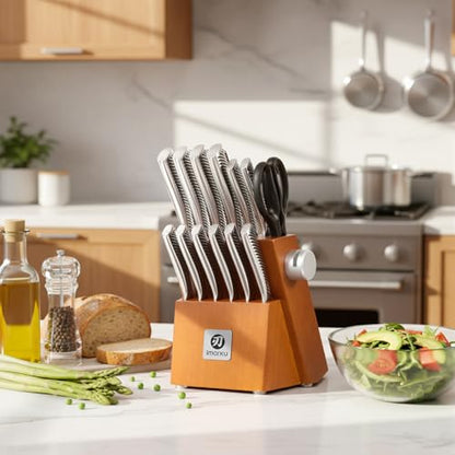 imarku 14-Piece Japanese Gyutou Stainless Steel Kitchen Knife Set | 15° Precision Edge | 56±2 HRC Hardness | Full-Tang Build for Perfect Balance | Built-in Sharpener | Gift for Home Chef - color: Light Brown