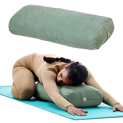 Gaiam Yoga Bolster Pillow, Supportive Cushion for Restorative Yoga | Firm cotton-filled bolster supports stretching & restorative poses. Carry handle, washable cover, yoga prop. - color: Sage