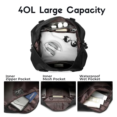 SUNNY BIRD Duffel with Utility Pouch, 40L Weekender Overnight Bag with Shoe Compartment for Travel and Sports (Black) - color: Black
