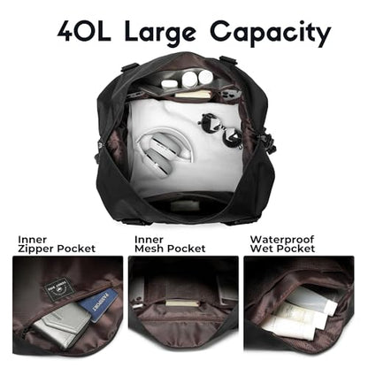 SUNNY BIRD Duffel with Utility Pouch, 40L Weekender Overnight Bag with Shoe Compartment for Travel and Sports (Black) - color: Black