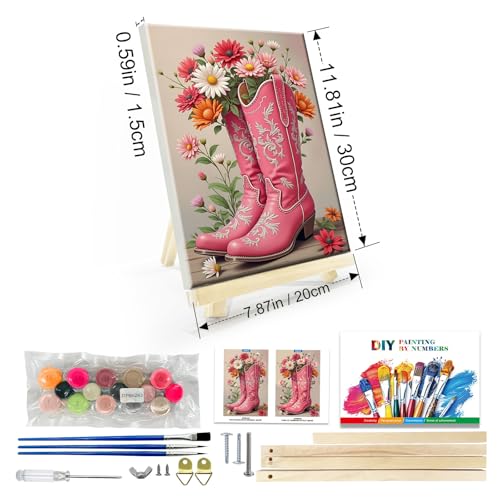 JOOZ Framed Paint by Numbers Kit for Adults, Pink Cowboy Boots Paint by Number with Easel, DIY Flowers Oil Painting by Numbers, Adult Paint by Number Kits Framed Canvas for Home Wall Decor 8x12 Inch - color: Pink Cowboy Boots 283