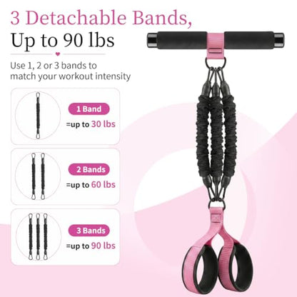 3-Tube Pedal Resistance Band with Handles, 90lbs Peak Resistance | Nylon-covered straps prevent snap injury. Padded pedals & non-slip grips ensure comfortable full body exercises. Beginner gym - color: Black/Pink
