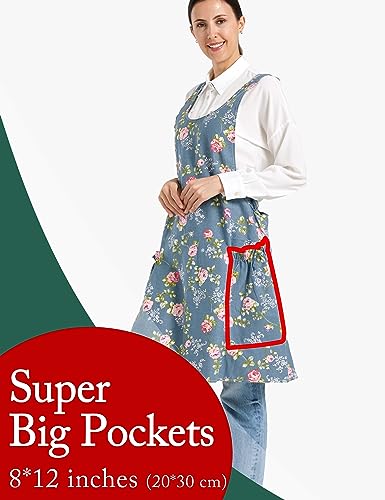 Cozy Adjustable Cross Back Aprons for Women with Pockets Cotton Linen Cooking Kitchen Baking - color: Rose Flower