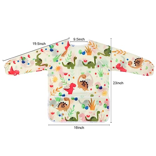 Kids Art Smocks 2 Pack Dinosaur Painting Aprons for Children Waterproof Artist Smock with Long Sleeve and 3 Pockets for Age 3-8 Years - color: Dinosaur-2