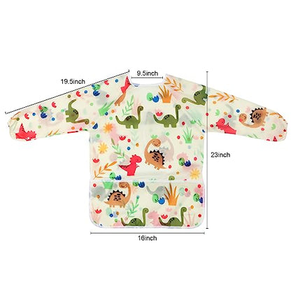 Kids Art Smocks Dinosaur Painting Aprons for Children Waterproof Artist Smock with Long Sleeve and 3 Pockets for Age 3-8 Years (Off white) - color: Off-white